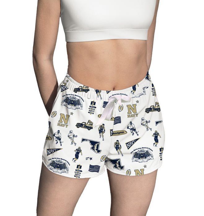 US Naval Academy Midshipmen Repeat Print Hand Sketched Vive La Fete Impressions Artwork Womens White Lounge Shorts