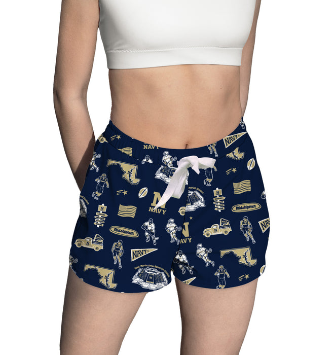 US Naval Academy Midshipmen Repeat Print Hand Sketched Vive La Fete Impressions Artwork Womens Navy Lounge Shorts