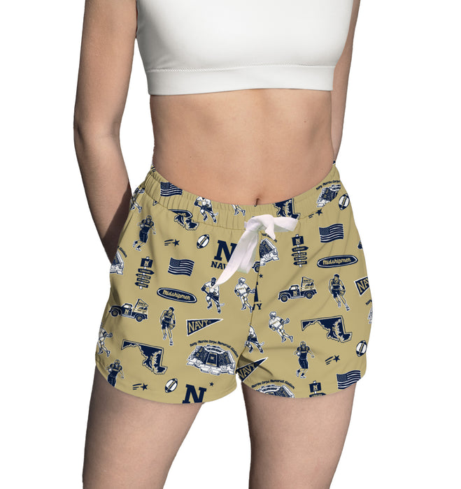 US Naval Academy Midshipmen Repeat Print Hand Sketched Vive La Fete Impressions Artwork Womens Navy Lounge Shorts