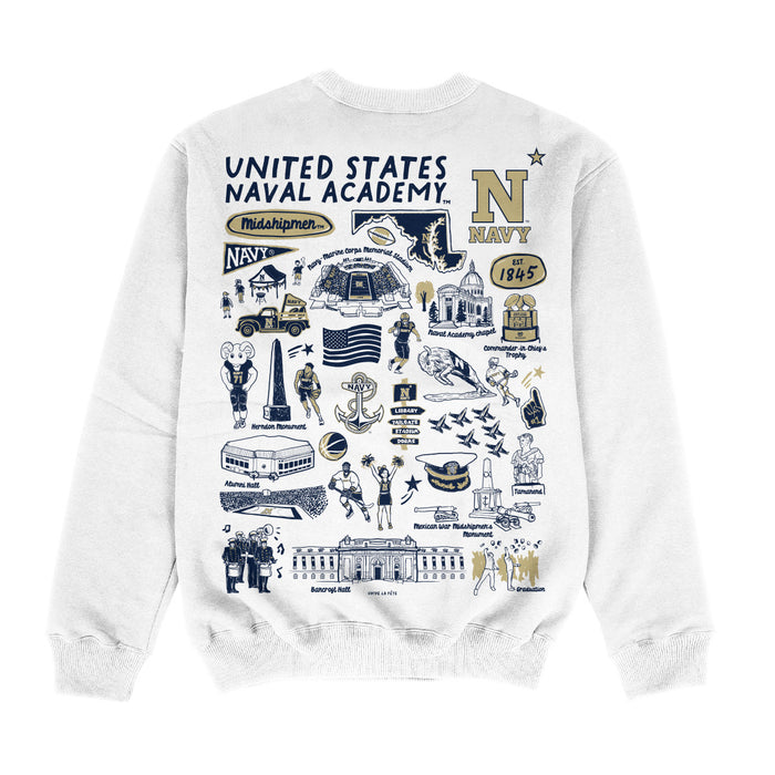 US Naval Academy Midshipmen Hand Sketched Impressions Artwork White Crewneck Sweatshirt for Women