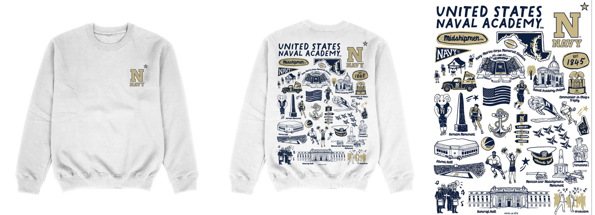 US Naval Academy Midshipmen Hand Sketched Impressions Artwork White Crewneck Sweatshirt for Women