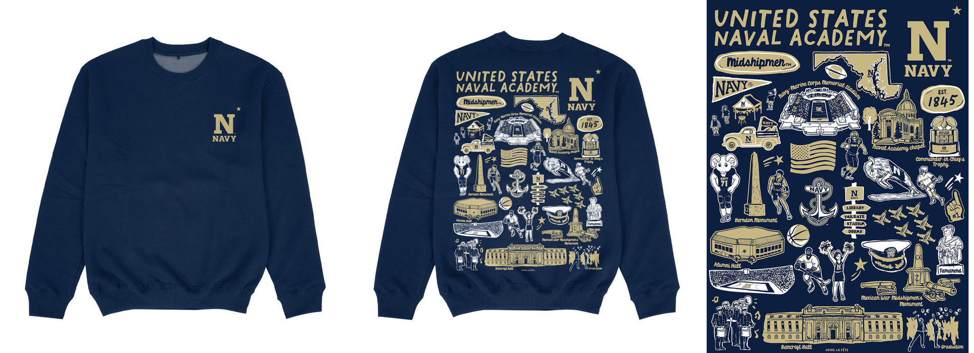 US Naval Academy Midshipmen Hand Sketched Impressions Artwork Navy Crewneck Sweatshirt for Women