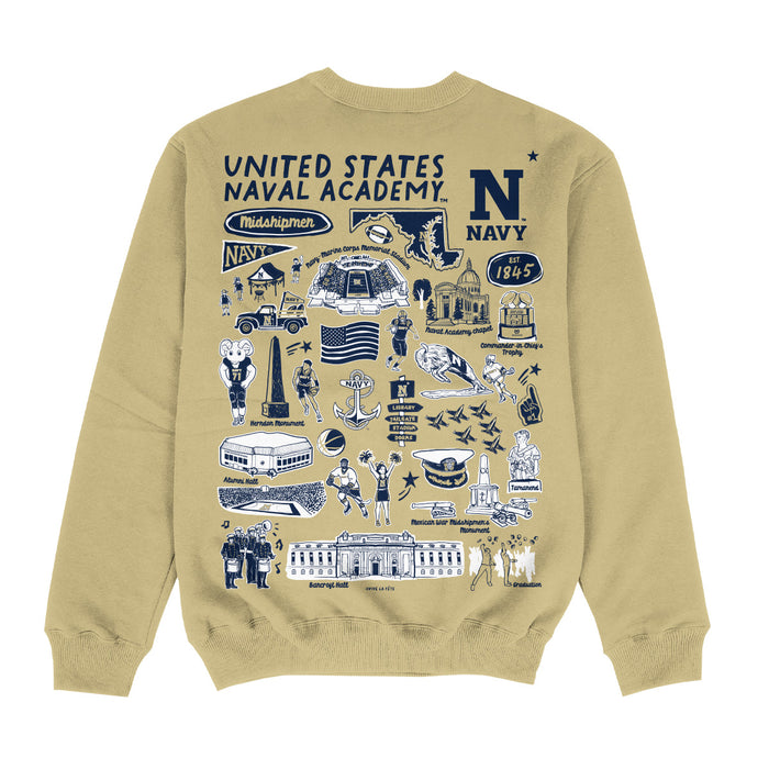 US Naval Academy Midshipmen Hand Sketched Impressions Artwork Gold Crewneck Sweatshirt for Women