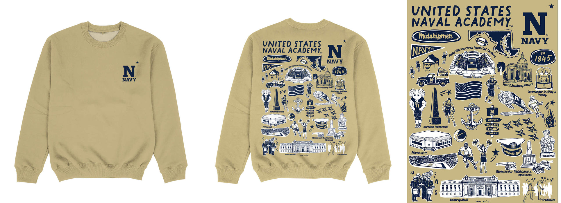 US Naval Academy Midshipmen Hand Sketched Impressions Artwork Gold Crewneck Sweatshirt for Women