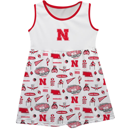 University of Nebraska Huskers Sleeveless Tank Dress Girls White Repeat Print Hand Sketched Vive La Fete Impressions