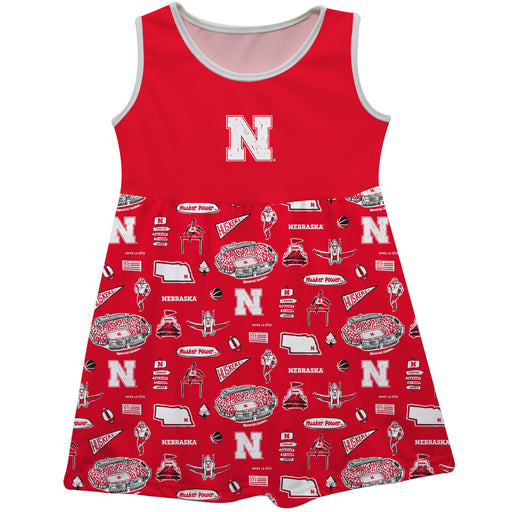 University of Nebraska Huskers Sleeveless Tank Dress Girls Red Repeat Print Hand Sketched Vive La Fete Impressions