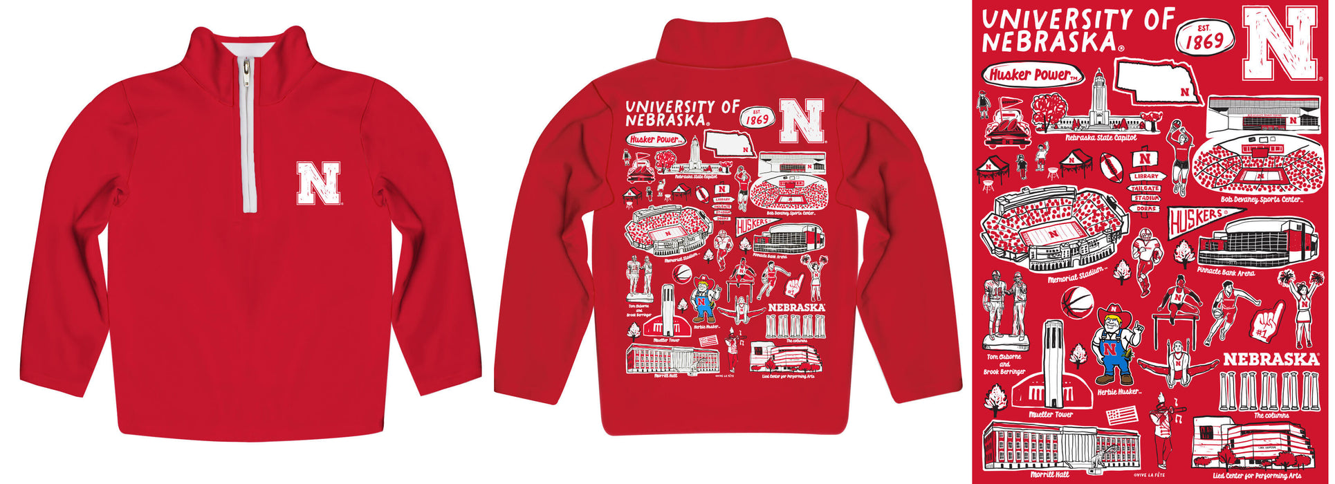 University of Nebraska Huskers Hand Sketched Vive La Fete Impressions Artwork Red Boys Quarter Zip Pullover V1