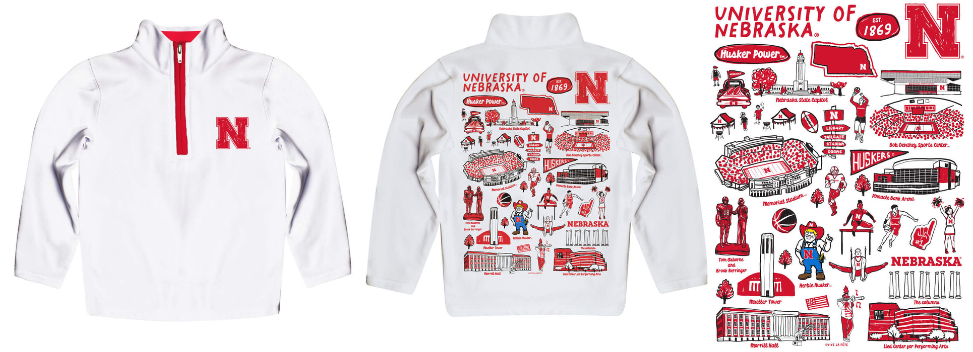 University of Nebraska Huskers Hand Sketched Vive La Fete Impressions Artwork White Boys Quarter Zip Pullover V1