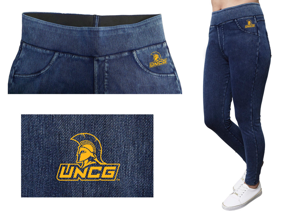 UNC Greensboro Spartans UNCG Vive La Fete Game Day Collegiate Logo on Fake Pocket Women Blue Jeggings