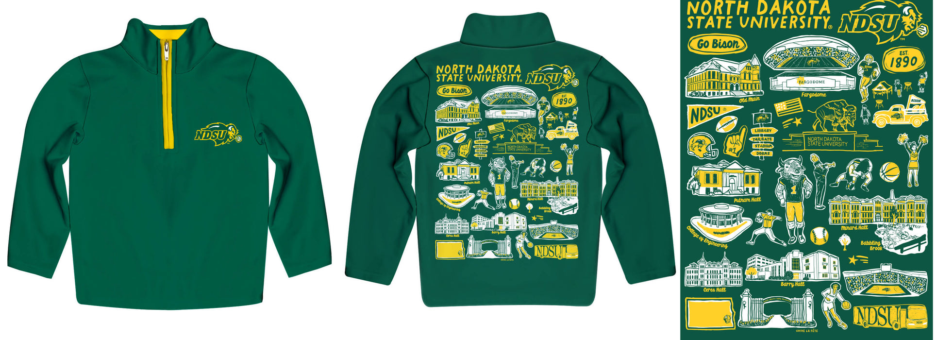 North Dakota Bison Hand Sketched Vive La Fete Impressions Artwork Green Boys Quarter Zip Pullover V1