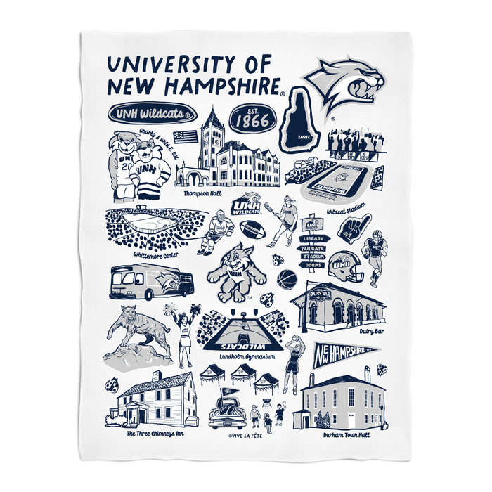 University of New Hampshire Wildcats White Hand Sketched Vive La Fete Impressions Artwork Plush Soft Minky Blanket 36x48