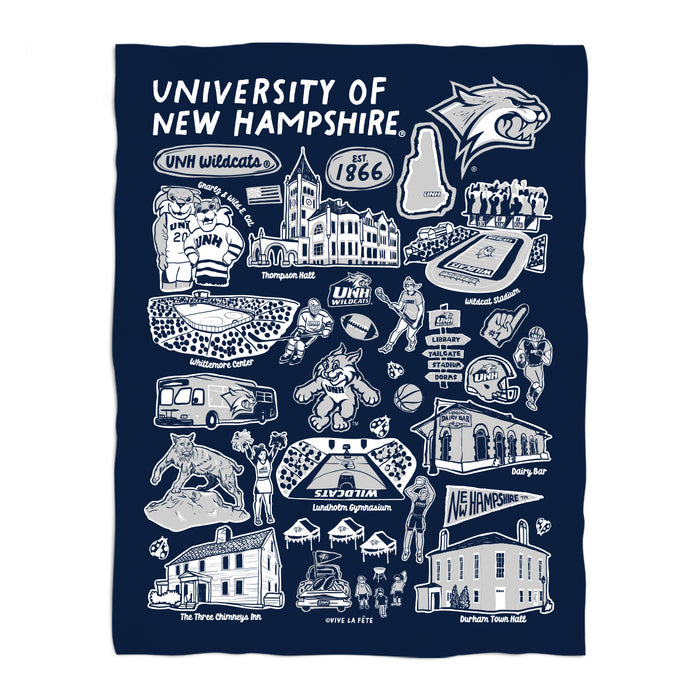 University of New Hampshire Wildcats Navy Hand Sketched Vive La Fete Impressions Artwork Plush Soft Minky Blanket 36x48