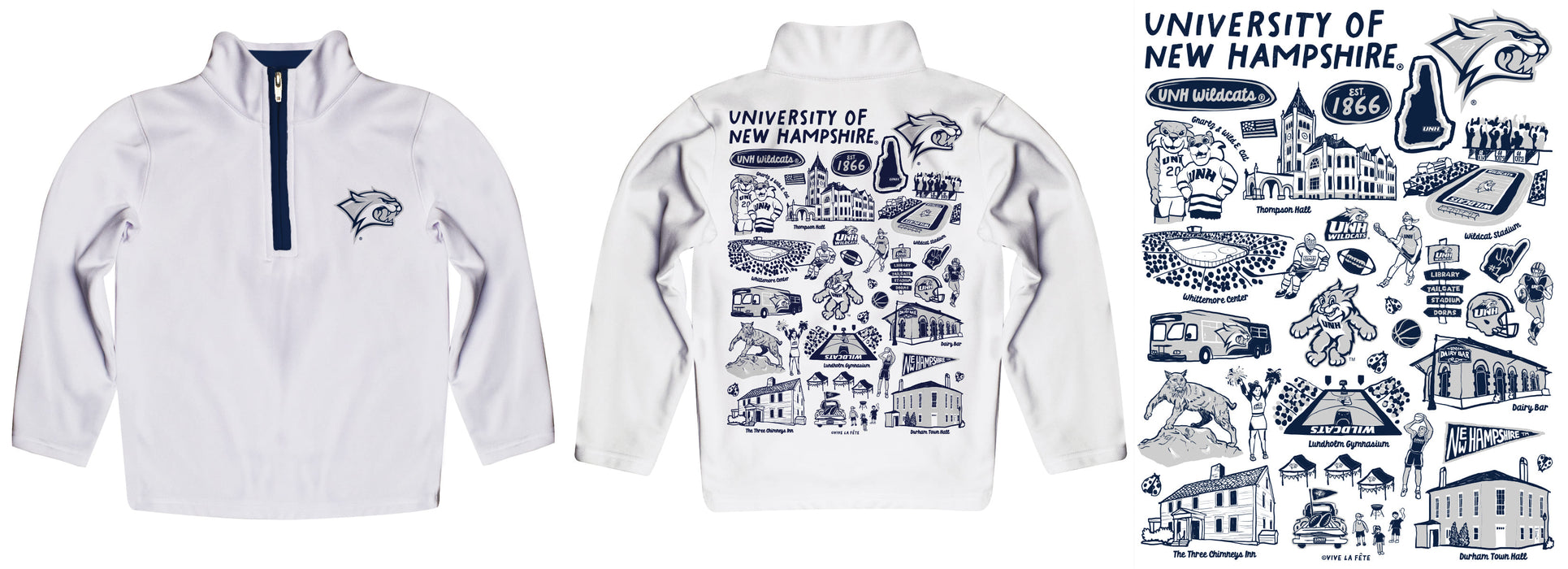 University of New Hampshire Wildcats UNH Hand Sketched Vive La Fete Impressions Artwork  White Boys Quarter Zip Pullover V1