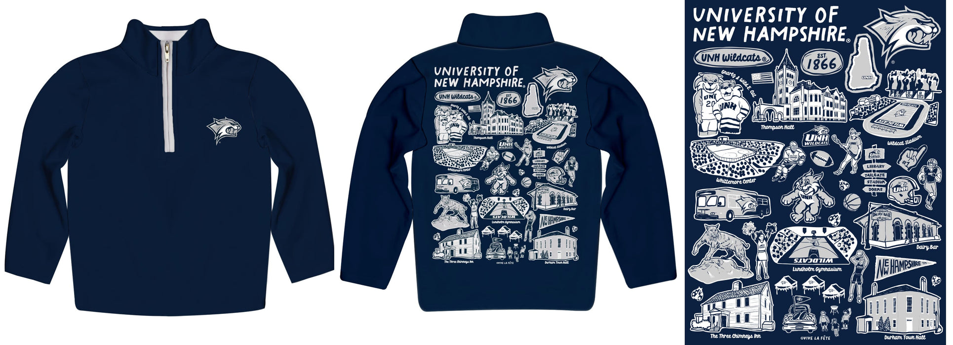 University of New Hampshire Wildcats UNH Hand Sketched Vive La Fete Impressions Artwork  Blue Boys Quarter Zip Pullover V1