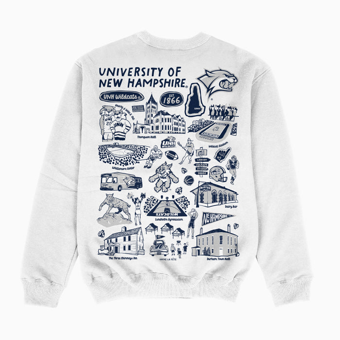 University of New Hampshire Wildcats UNH Hand Sketched Impressions Artwork White Crewneck Sweatshir