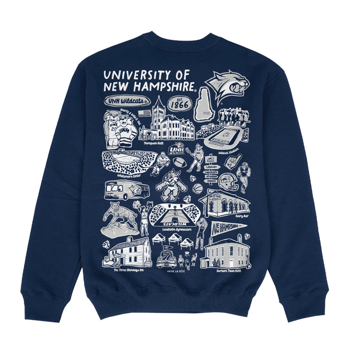 University of New Hampshire Wildcats UNH Hand Sketched Impressions Artwork Blue Crewneck Sweatshirt for Women