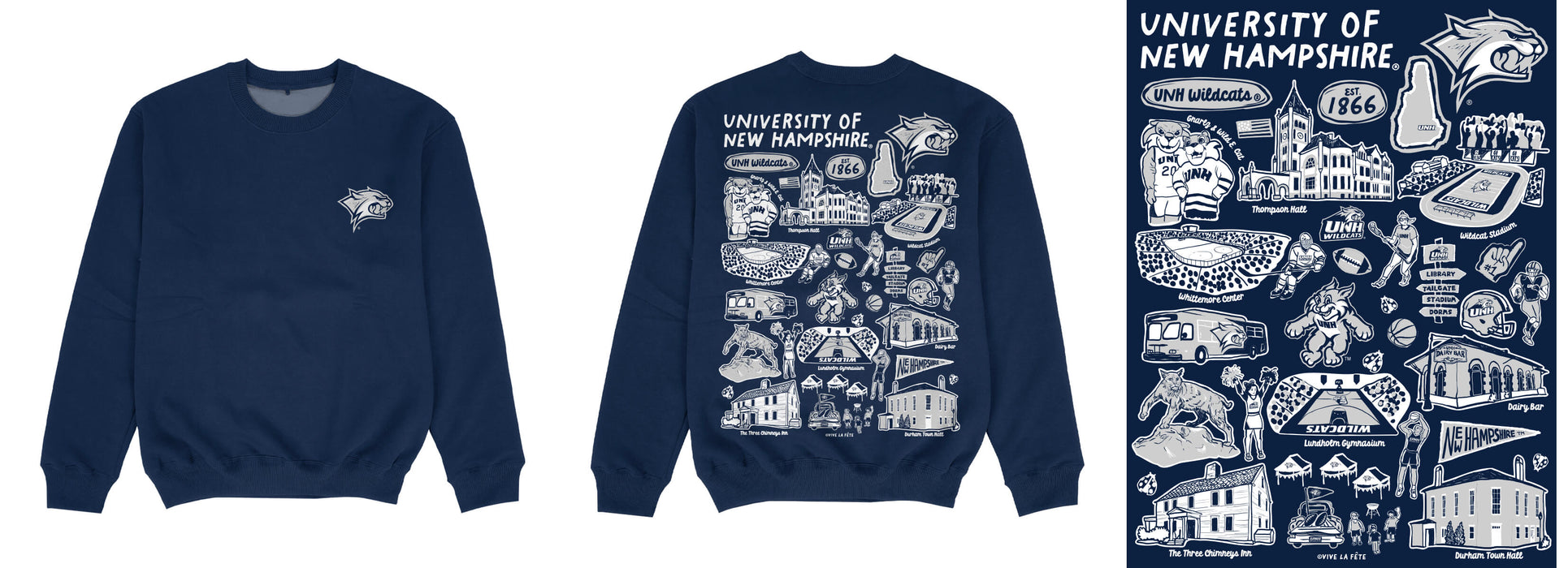 University of New Hampshire Wildcats UNH Hand Sketched Impressions Artwork Blue Crewneck Sweatshirt for Women