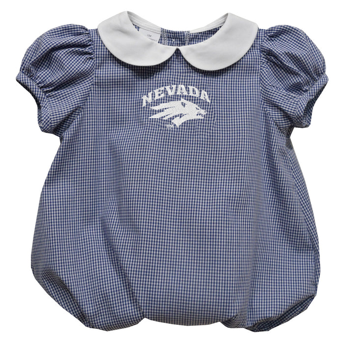 University of Nevada Reno Wolfpack Embroidered Navy Gingham Girls Baby Bubble Short Sleeve