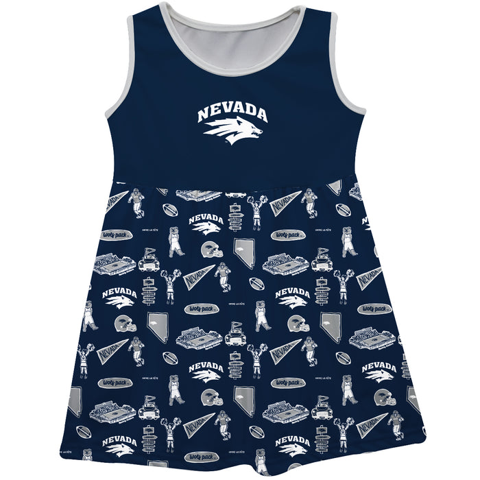 University of Nevada Reno Wolfpack Sleeveless Tank Dress Girls Navy Repeat Print Hand Sketched Vive La Fete Impressions