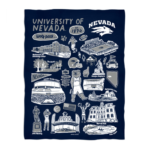 University of Nevada Reno Wolfpack Navy Hand Sketched Vive La Fete Impressions Artwork Plush Soft Minky Blanket 36 x 48