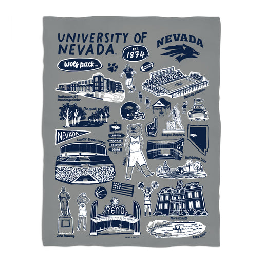 University of Nevada Reno Wolfpack Gray Hand Sketched Vive La Fete Impressions Artwork Plush Soft Minky Blanket 36 x 48