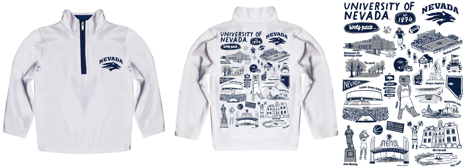 University of Nevada Reno Wolfpack Hand Sketched Vive La Fete Impressions Artwork White Boys Quarter Zip Pullover V1