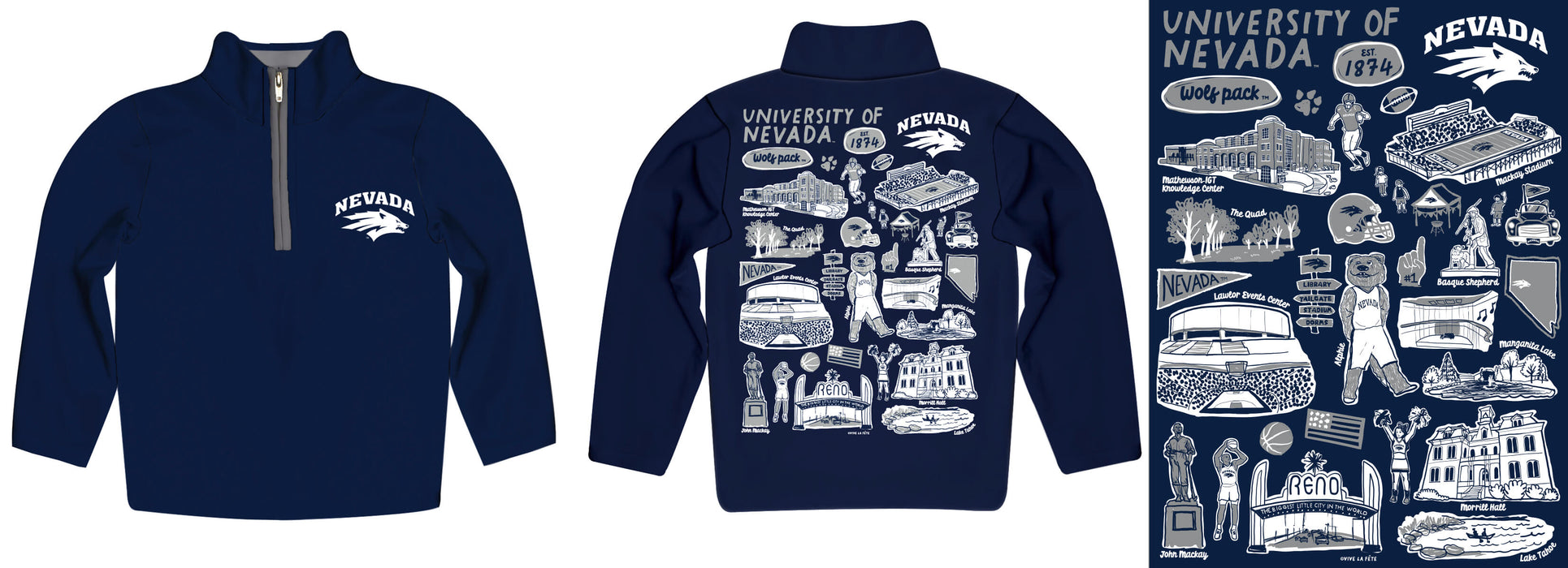 University of Nevada Reno Wolfpack Hand Sketched Vive La Fete Impressions Artwork Navy Boys Quarter Zip Pullover V1