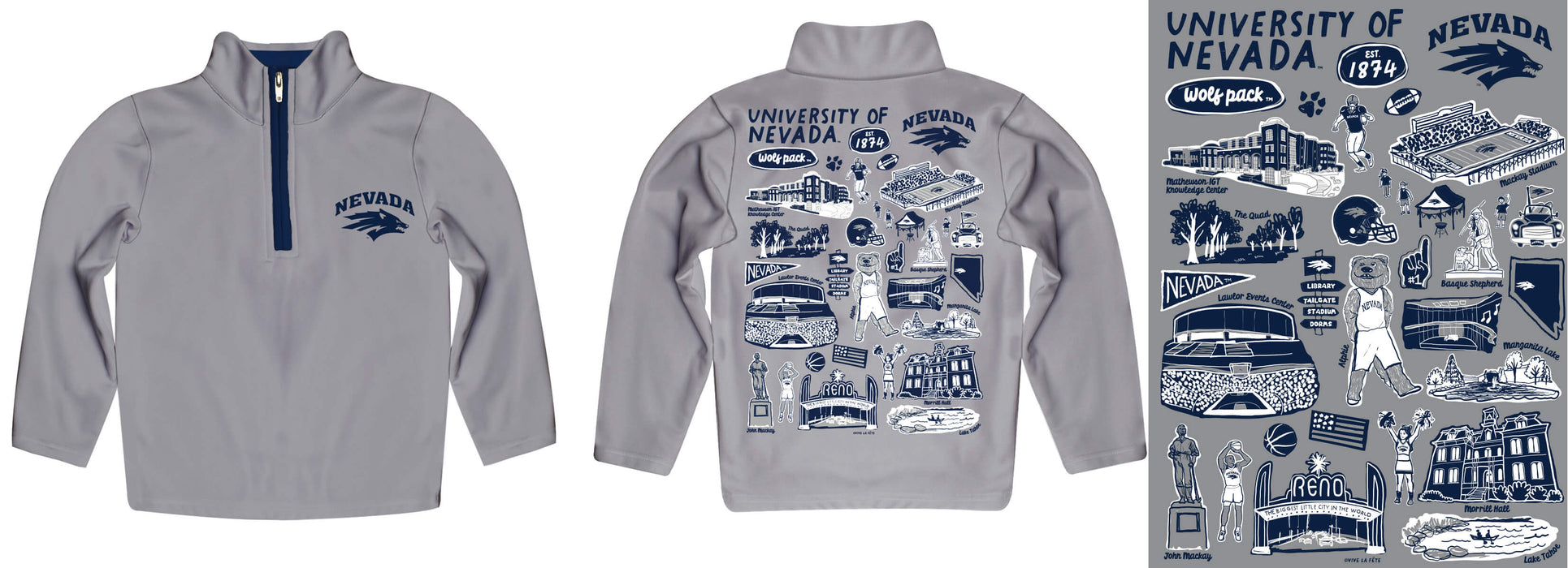 University of Nevada Reno Wolfpack Hand Sketched Vive La Fete Impressions Artwork Gray Boys Quarter Zip Pullover V1