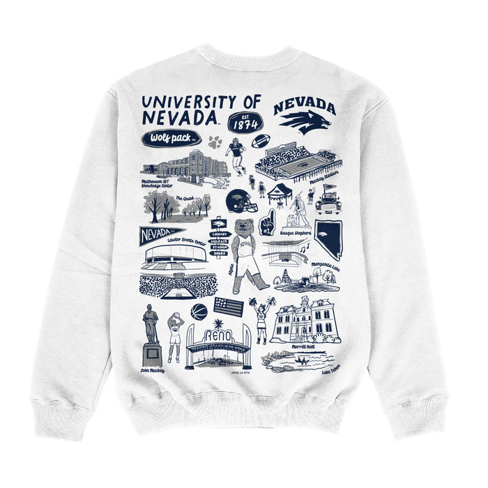 University of Nevada Reno Wolfpack Hand Sketched Impressions Artwork White Crewneck Sweatshirt for Women