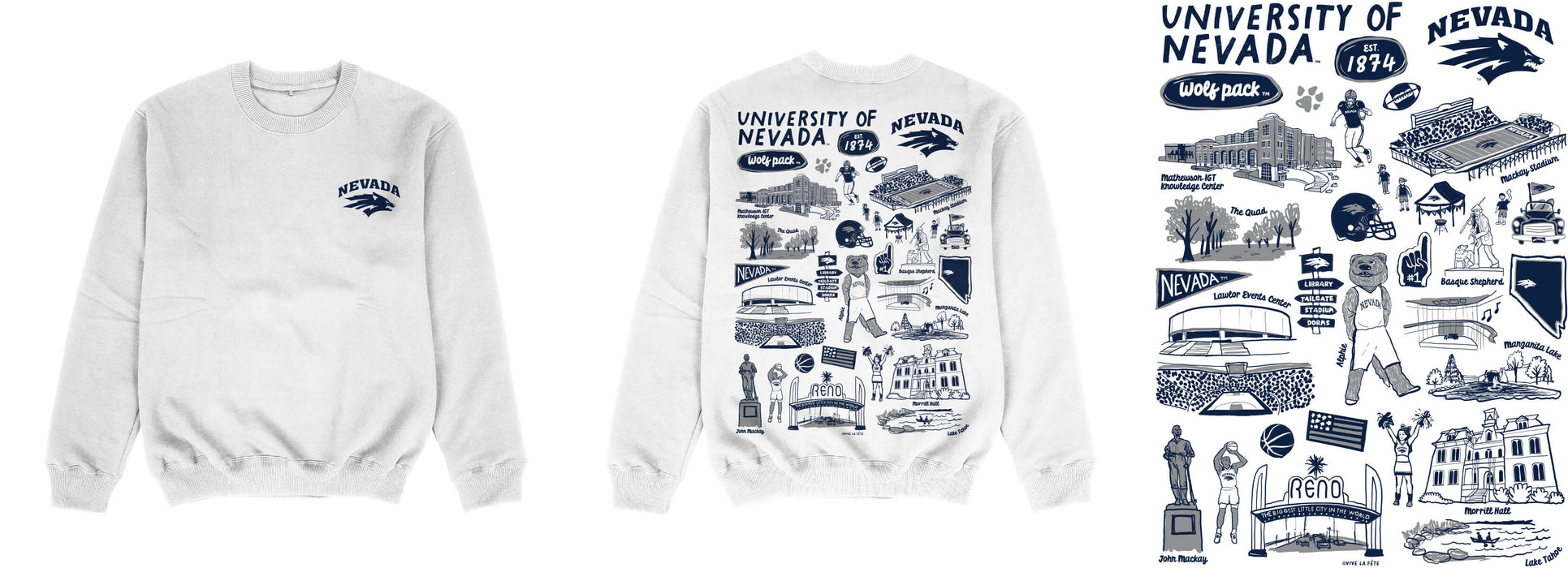 University of Nevada Reno Wolfpack Hand Sketched Impressions Artwork White Crewneck Sweatshirt for Women