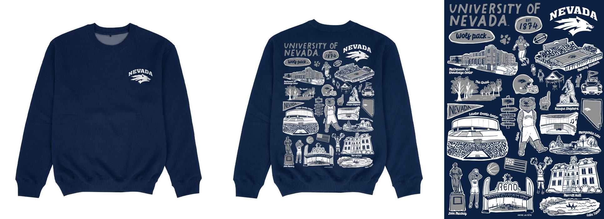 University of Nevada Reno Wolfpack Hand Sketched Impressions Artwork Navy Crewneck Sweatshirt for Women