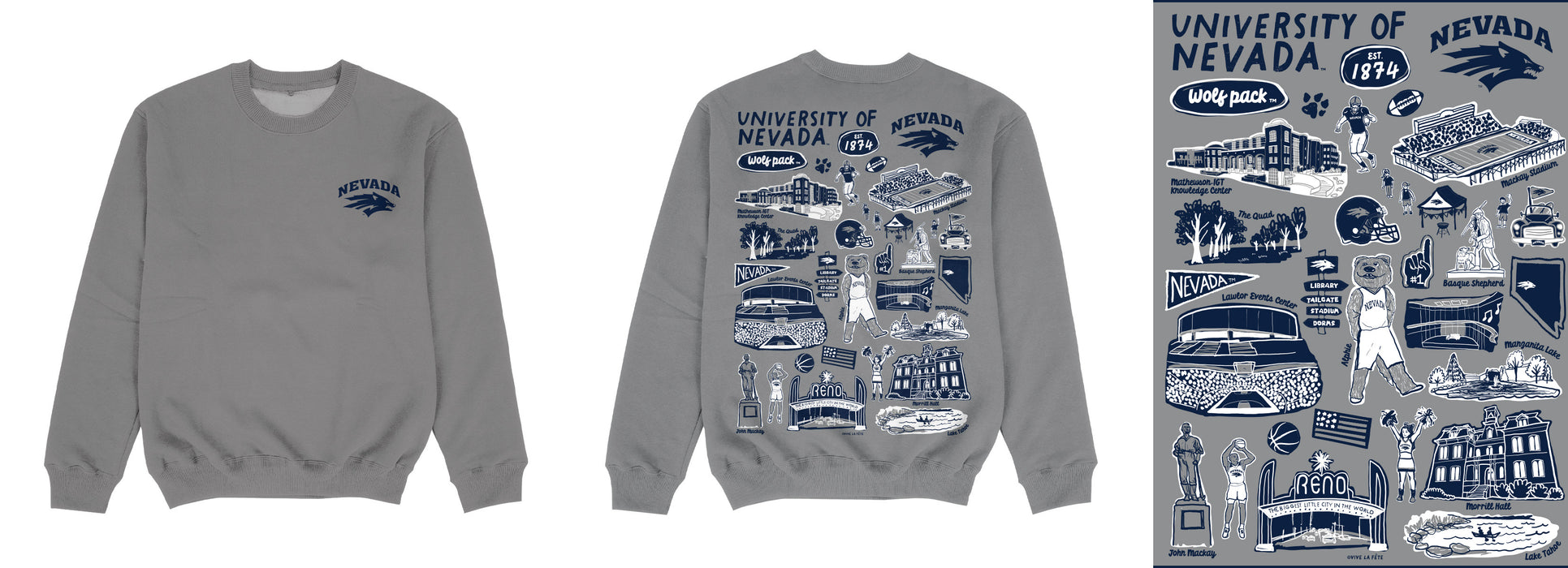 University of Nevada Reno Wolfpack Hand Sketched Impressions Artwork Gray Crewneck Sweatshirt for Women