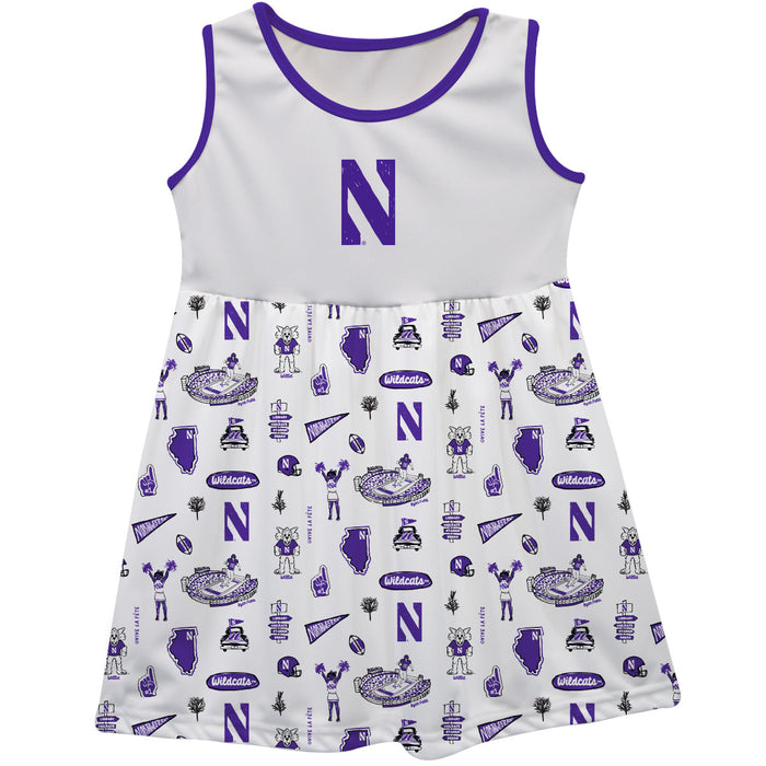 Northwestern Wildcats Sleeveless Tank Dress White Logo and Repeat Print Hand Sketched Vive La Fete Impressions Artwork