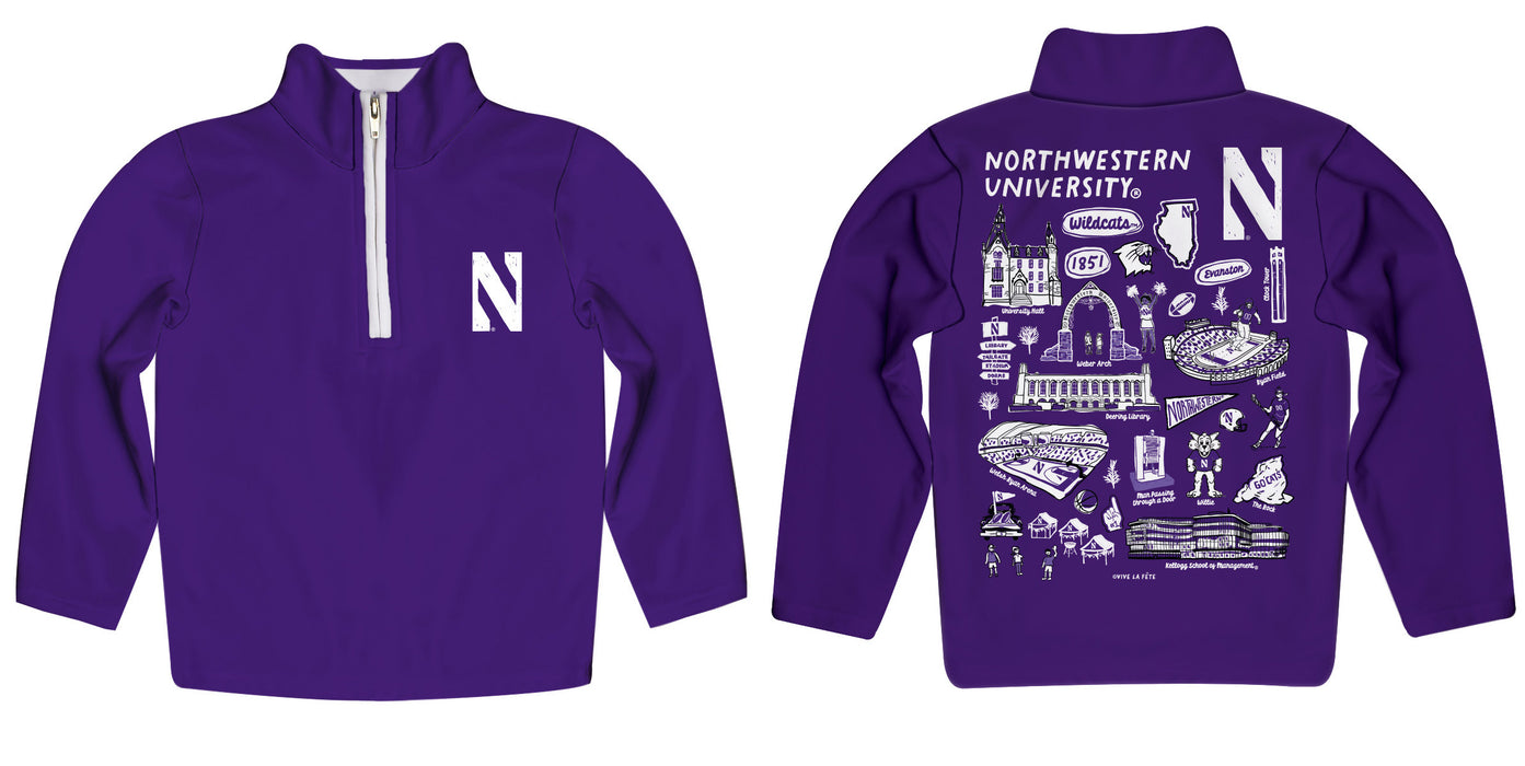 Northwestern University Wildcats Hand Sketched Vive La Fete Impressions Artwork  Purple Boys Quarter Zip Pullover V1