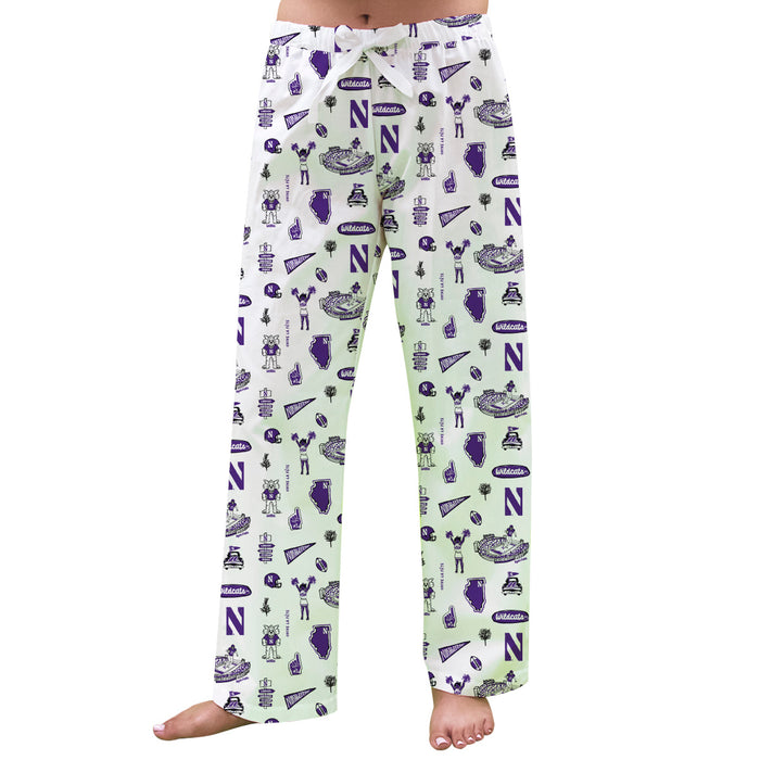 Northwestern University Wildcats Repeat Print Hand Sketched Vive La Fete Impressions Artwork Womens  White  Lounge Pants