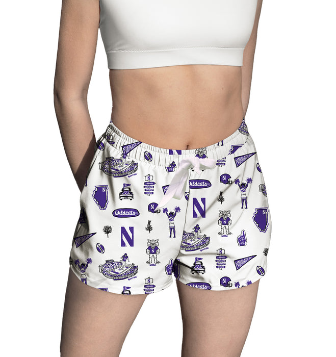 Northwestern University Wildcats Repeat Print Hand Sketched Vive La Fete Impressions Artwork Womens White Lounge Shorts