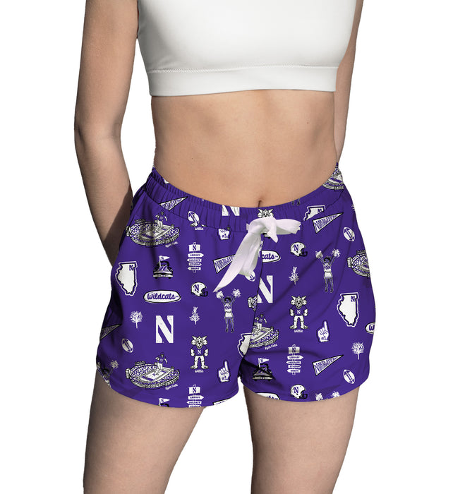 Northwestern Wildcats Repeat Print Hand Sketched Vive La Fete Impressions Artwork Womens Purple Lounge Shorts