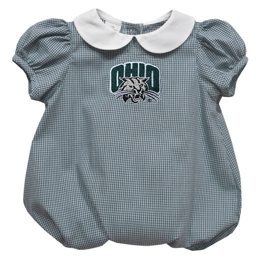 Ohio University Bobcats Embroidered Hunter Green Gingham Girls Baby Bubble Short Sleeve