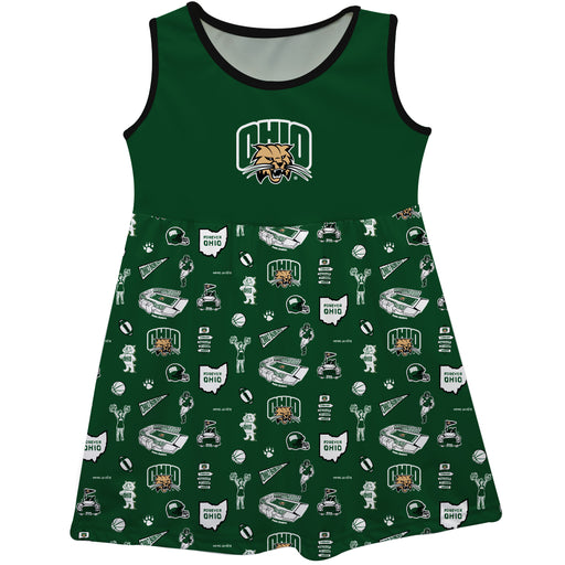 Ohio University Bobcats Sleeveless Tank Dress Girls Green Repeat Print Hand Sketched Vive La Fete Impressions