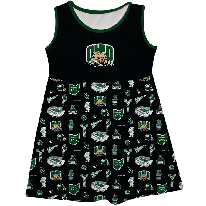 Ohio University Bobcats Sleeveless Tank Dress Girls Black Repeat Print Hand Sketched Vive La Fete Impressions