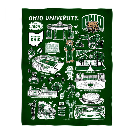 Ohio University Bobcats Green Hand Sketched Vive La Fete Impressions Artwork Plush Soft Minky Blanket 36 x 48