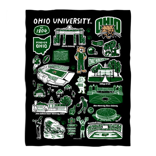 Ohio University Bobcats Black Hand Sketched Vive La Fete Impressions Artwork Plush Soft Minky Blanket 36 x 48