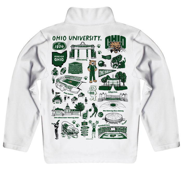 Ohio University Bobcats Hand Sketched Vive La Fete Impressions Artwork White Boys Quarter Zip Pullover V1