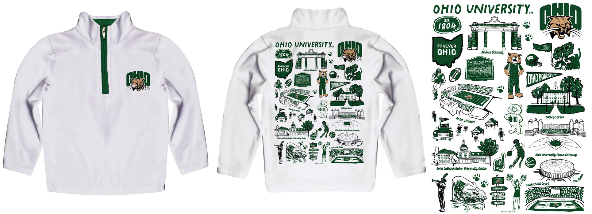 Ohio University Bobcats Hand Sketched Vive La Fete Impressions Artwork White Boys Quarter Zip Pullover V1