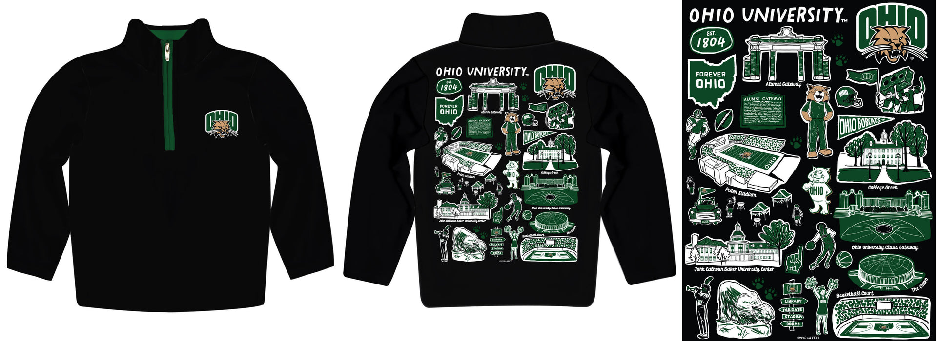 Ohio University Bobcats Hand Sketched Vive La Fete Impressions Artwork Black Boys Quarter Zip Pullover V1