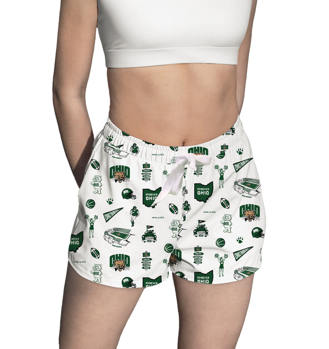 Ohio University Bobcats Repeat Print Hand Sketched Vive La Fete Impressions Artwork Womens White Lounge Shorts