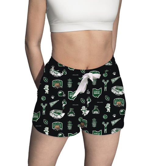 Ohio University Bobcats Repeat Print Hand Sketched Vive La Fete Impressions Artwork Womens Black Lounge Shorts