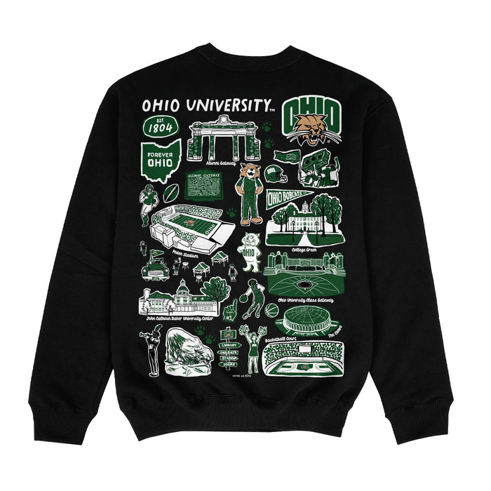 Ohio University Bobcats Hand Sketched Impressions Artwork Black Crewneck Sweatshirt for Women