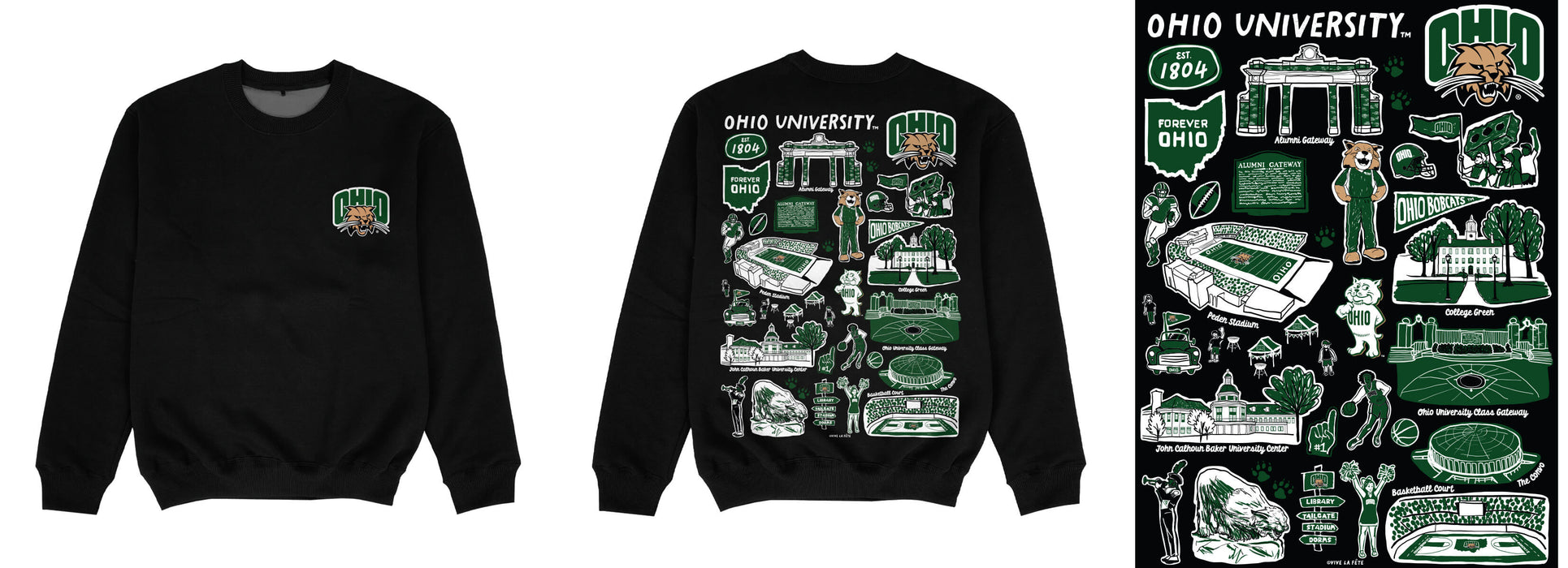 Ohio University Bobcats Hand Sketched Impressions Artwork Black Crewneck Sweatshirt for Women