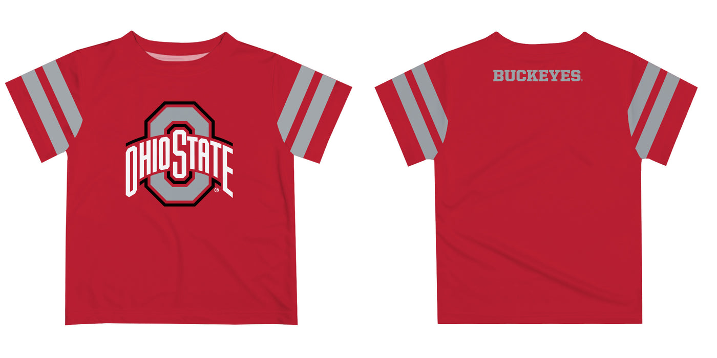 Ohio State Buckeyes Vive La Fete Boys Game Day Red Short Sleeve Tee with Stripes on Sleeves